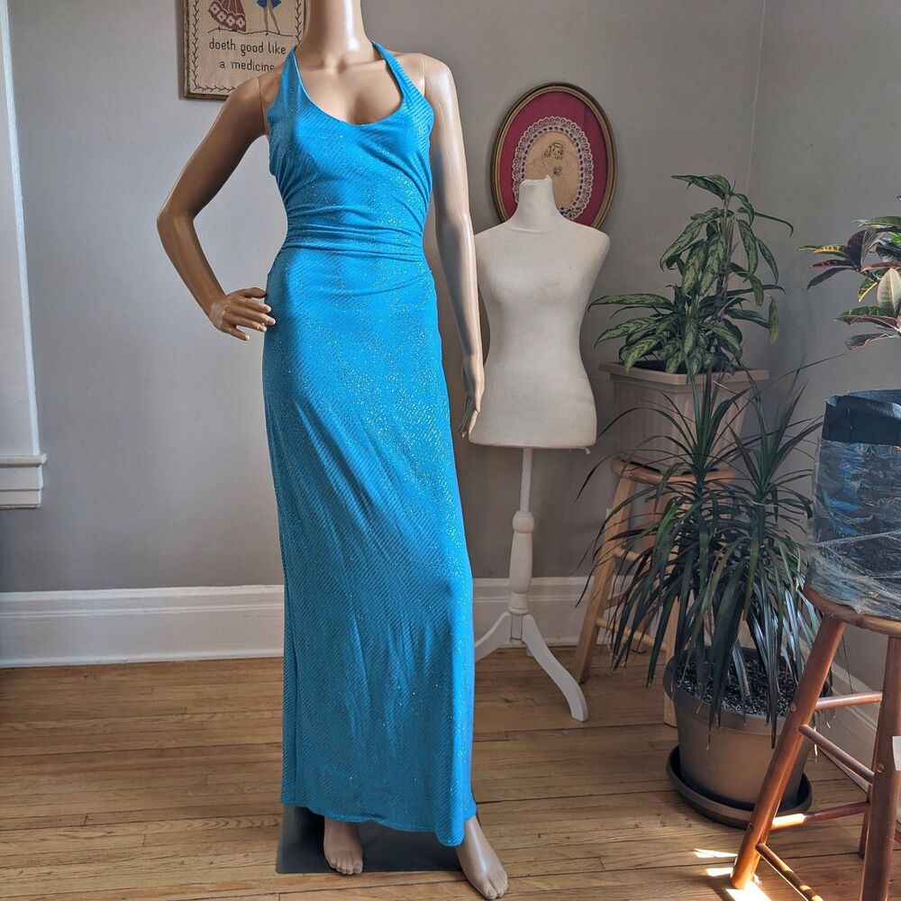Vintage Y2K City Triangles Prom Dress Glitter Mermaid Blue Halter Size S